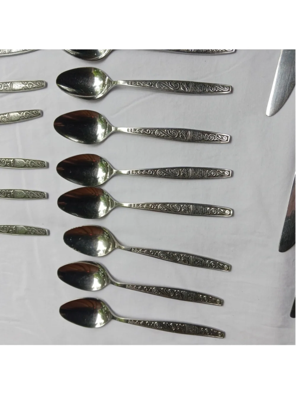 VTG MCM Stainless Steel Flatware Set Scroll Asian Good Luck Bell Chalice